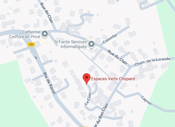 Espaces Verts Chopard: Carte Locale, Rue du Clair, D83 Carte locale: Espaces Verts Chopard (pin rouge) sur Le Clair. Proche de Catherine Coiffure, Si-Facile Informatiques, Rue du Clair, D83, Rue de Ravel.