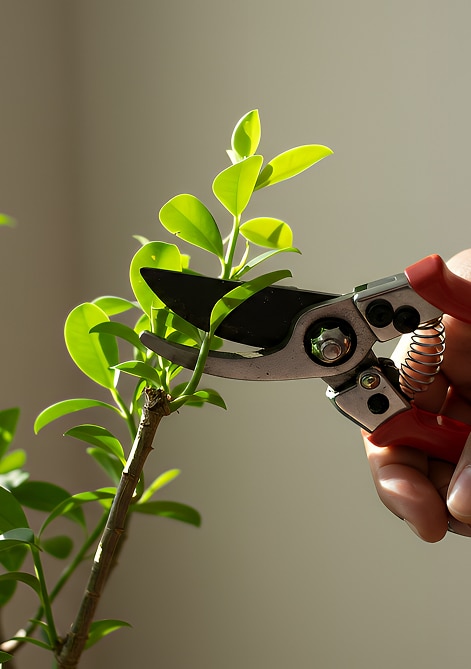 Taille de plante : Entretien facile avec un sécateur Main tenant un sécateur rouge, coupant une jeune pousse de plante aux feuilles vertes lumineuses. Lumière naturelle sur le jardinage.