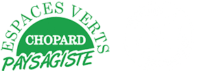 Logo Chopard Paysagiste Espaces Verts vert et blanc, avec badge BIO.design Official Dealer.